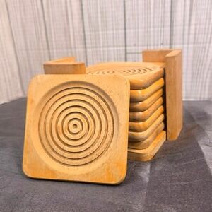 Set of 8 Vintage Wooden Square Drink Coasters with Holder Carved Circles